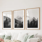 Black White Forest Triptych. Misty Mountains Nature Posters
