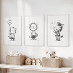 Black White Gender-Neutral Nursery Art Set. Lion Tiger Zebra