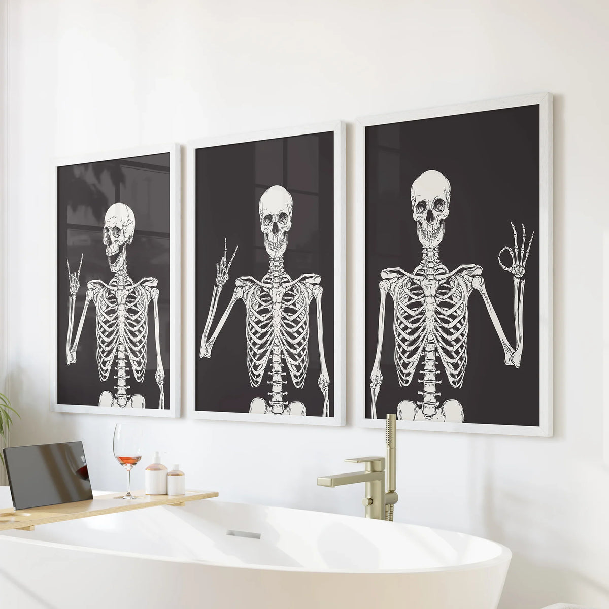 Halloween Skeleton Wall Art Set. 3 Piece Black Gothic Prints