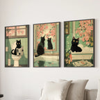 Funny Bathroom Poster. Japan Cat Pooping Wall Art Set of 3