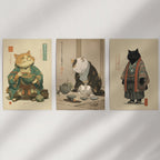 Japanese Ukiyo-e Style Cat Wall Art Set of 3. Tea Ceremony