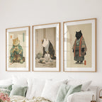Japanese Ukiyo-e Style Cat Wall Art Set of 3. Tea Ceremony