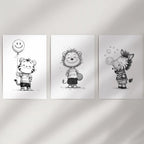 Black White Gender-Neutral Nursery Art Set. Lion Tiger Zebra