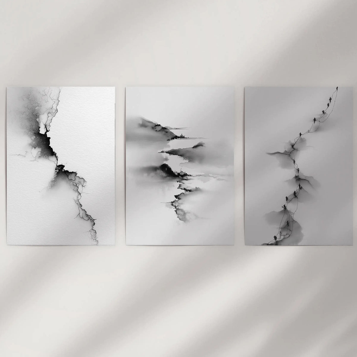 Abstract Mountain 3 Piece Wall Art. Black White Minimalist