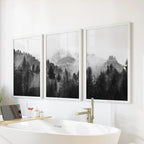 Black White Forest Triptych. Misty Mountains Nature Posters