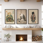 Japanese Ukiyo-e Style Cat Wall Art Set of 3. Tea Ceremony