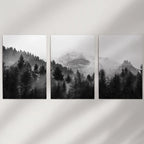 Black White Forest Triptych. Misty Mountains Nature Posters