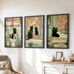 Funny Bathroom Poster. Japan Cat Pooping Wall Art Set of 3