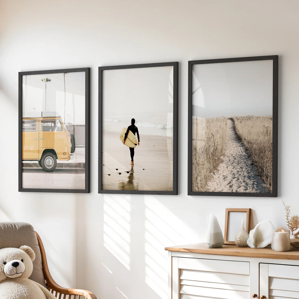 California Beach Set of 3 Prints. Surfer, Retro Van Decor